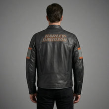 Laden Sie das Bild in den Galerie-Viewer, Herren Harley-Davidson Style Motorradjacke aus schwarzem Leder – Orange Script Edition