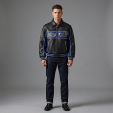 Load image into Gallery viewer, Men’s Black & Blue Leather Varsity Jacket – Premium Urban Bomber Style