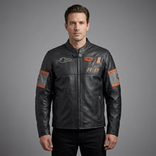 Laden Sie das Bild in den Galerie-Viewer, Herren Harley-Davidson Style Motorradjacke aus schwarzem Leder – Orange Script Edition
