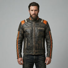 Laden Sie das Bild in den Galerie-Viewer, Herren-Lederjacke im Retro-Streifen-Design – Moto-Style in limitierter Auflage