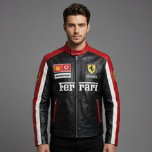 Load image into Gallery viewer, Men’s Black & Grey Leather Moto Jacket – Racing Style Genuine Leather
