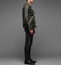 Laden Sie das Bild in den Galerie-Viewer, Herren Schwarze Spiked & Studded Leder Bikerjacke – Echter Moto Style