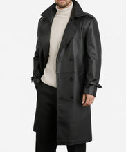 Load image into Gallery viewer, Delmar Men’s Black Leather Double-Breasted Coat – Luxury Classic Overcoat