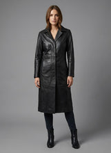 Load image into Gallery viewer, Women’s Black Real Leather Long Coat – Classic Elegant Trench Overcoat