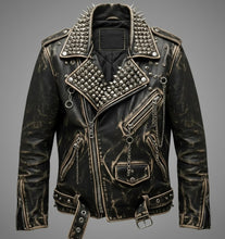 Laden Sie das Bild in den Galerie-Viewer, Herren Schwarze Spiked & Studded Leder Bikerjacke – Echter Moto Style