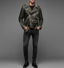 Laden Sie das Bild in den Galerie-Viewer, Herren Schwarze Spiked & Studded Leder Bikerjacke – Echter Moto Style