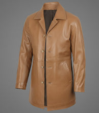 Load image into Gallery viewer, Men’s Camel Brown Leather Car Coat – Classic Driver Long Jacket
