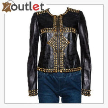 Load image into Gallery viewer, Black Embossed Leather Studded Zip Front Jacket