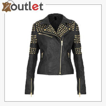 Load image into Gallery viewer, Handcrafted Golden Half Studded Black Leather Jacket