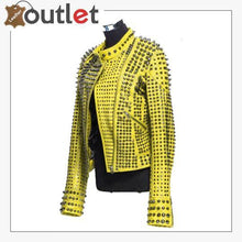 Load image into Gallery viewer, New Handmade Women's Yellow Fashion Studded Punk Style Leather Jacket