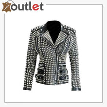 Load image into Gallery viewer, New Handmade Women&#39;s Black Fashion Golden Studded Punk Style Leather Jacket
