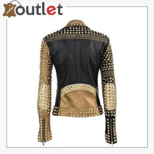 Load image into Gallery viewer, Handmade Womens Fashion Golden Studded Punk Style Leather Jacket