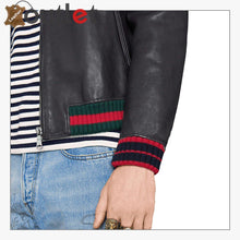 Load image into Gallery viewer, Black Embroidery Leather Bomber Jacket - Leather Outlet