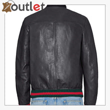 Load image into Gallery viewer, Black Embroidery Leather Bomber Jacket - Leather Outlet