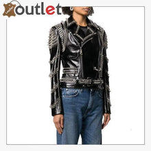 Load image into Gallery viewer, Black Lambskin Perfecto Spike-Stud Biker Jacket