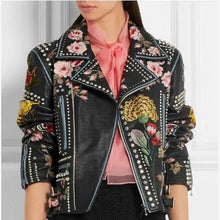 Load image into Gallery viewer, Rose Handpainted Silver Studded Biker Jacket