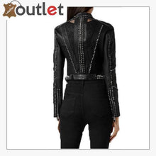 Load image into Gallery viewer, Black Lambskin Spike-Studded Biker Jacket