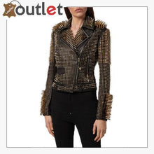 Load image into Gallery viewer, Black Leather Golden Spike Studded Punk Style Biker Jacket