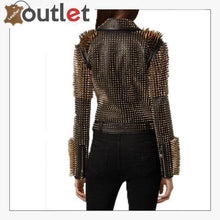 Load image into Gallery viewer, Black Leather Golden Spike Studded Punk Style Biker Jacket