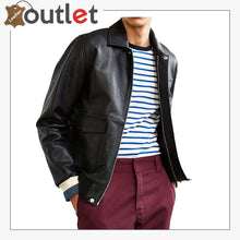 Load image into Gallery viewer, Black Shirt Style Leather Bomber Jacket - Leather Outlet