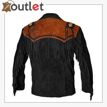 Load image into Gallery viewer, Black Western Cowboy Men's Brown Fringed Suede Leather Jacket - Leather Outlet