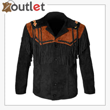 Load image into Gallery viewer, Black Western Cowboy Men's Brown Fringed Suede Leather Jacket - Leather Outlet