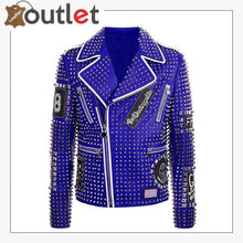 Load image into Gallery viewer, Blue Color Leather Studded Jacket For Mens