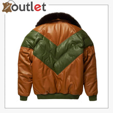Laden Sie das Bild in den Galerie-Viewer, Brown-Green Leather Two Tone V Bomber Leather Jacket