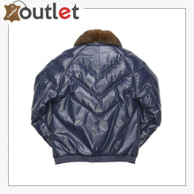 Load image into Gallery viewer, Fashion Quality Navy V Bomber Leather Jacket