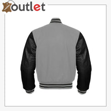 Load image into Gallery viewer, Gray Wool & Black Bomber Leather Varsity Jacket - Leather Outlet