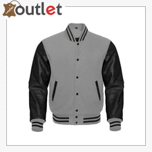 Load image into Gallery viewer, Gray Wool & Black Bomber Leather Varsity Jacket - Leather Outlet