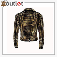 Load image into Gallery viewer, Handmade Women's Black Fashion Golden Studded Punk Style Leather Jacket