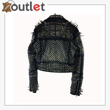 Load image into Gallery viewer, Handmade Women's Black Fashion Long Studded Punk Style Leather Jacket