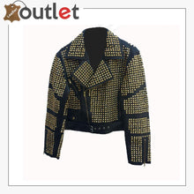 Load image into Gallery viewer, Handmade Womens Black Fashion Golden Studded Punk Style Leather Jacket