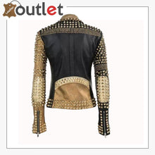 Load image into Gallery viewer, Handmade Womens Fashion Golden Studded Punk Style Leather Jacket