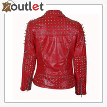 Load image into Gallery viewer, Handmade Womens Red Fashion Studded Punk Style Leather Jacket