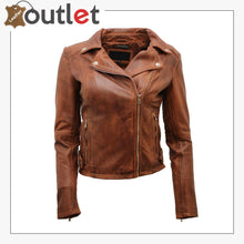 Load image into Gallery viewer, Ladies Coniac Tan Vintage Brando 100% Leather Biker Jacket - Leather Outlet