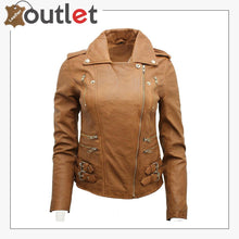 Load image into Gallery viewer, Ladies Tan Real 100% Lamb Nappa Leather Biker Jacket - Leather Outlet