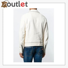 Load image into Gallery viewer, Men White Studded Leather Jacket, Motorcycle Fashion Leather Jackets
