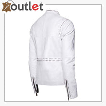 Load image into Gallery viewer, Mens Classic Brando Motorcycle Silver Studded White Geniune Leather Jacket