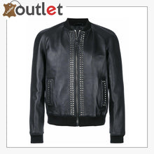 Load image into Gallery viewer, Mens Studded Bomber Biker Motorcycle Retro Cafe Racer Black Leather Jacket