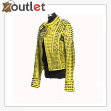 Load image into Gallery viewer, New Handmade Women's Yellow Fashion Studded Punk Style Leather Jacket
