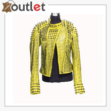 Load image into Gallery viewer, New Handmade Women's Yellow Fashion Studded Punk Style Leather Jacket
