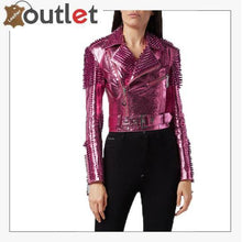 Load image into Gallery viewer, Pink Metallic Studded Biker Jacket