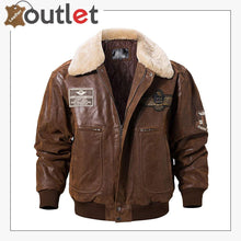 Load image into Gallery viewer, Real Leather Bomber Jacket with Removable Fur Collar Aviator