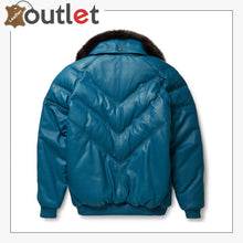 Load image into Gallery viewer, Real Quality Fur Teal Leather V Bomber Jacket