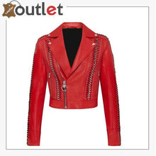 Load image into Gallery viewer, Red Perfecto Crystal Work Biker Jacket