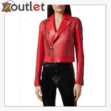 Load image into Gallery viewer, Red Perfecto Crystal Work Biker Jacket