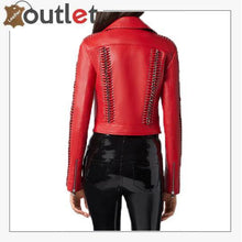 Load image into Gallery viewer, Red Perfecto Crystal Work Biker Jacket