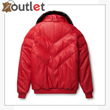 Load image into Gallery viewer, Red Real Qualilty Shearling Mens V Bomber Leather Jacket - Leather Outlet